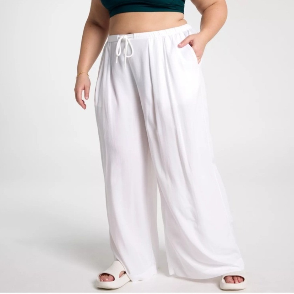 NWT Calia White Pleated Wide Leg Swim Cover Up Pants Womens 3X Pockets Flowy